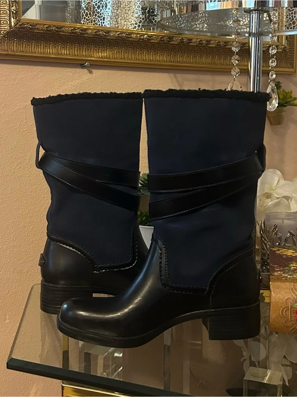 Coach Zena Navy Suede and Black Leather Mid-Calf Buckle Boots Size 8